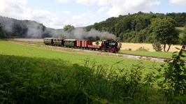 Durch das sich zwischen der Sägmühle und Iggenhausen verbreiternde Egautal strebt Lok 12 mit ihrem Zug talwärts. (Foto: Lukas Mutschler)