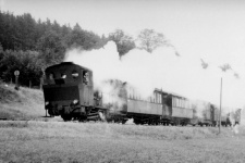 Einst ..... Lokführer Alfons Baur vermutlich im Jahr 1961 mit Lok WN 12 und den Personenwagen WN 2, WN 6, Packwagen 24 und zwei Brünigwagen im Egautal unterwegs in Richtung Neresheim