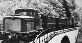 Der heutige "Jumbo" der Fa. Jung auf Probefahrt mit Brünigwagen und Güterwagen auf dem Viadukt, Mai 1954