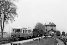 T 31 steht mit einem beachtlichen Güterzug abfahrbereit am Bahnsteig in Dillingen, 1956